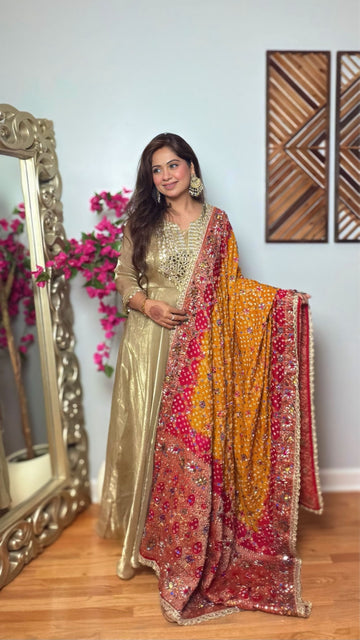 Suvanshi Gharchola Mirror Work Dupatta – Mustard Yellow & Red