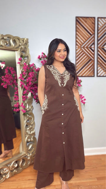 Zeyara-Embroidered Brown Kurta Pant Set