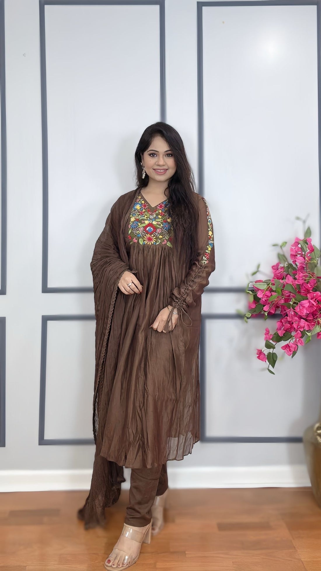 Elegant Anarkali Mulmul Chanderi Silk Suit