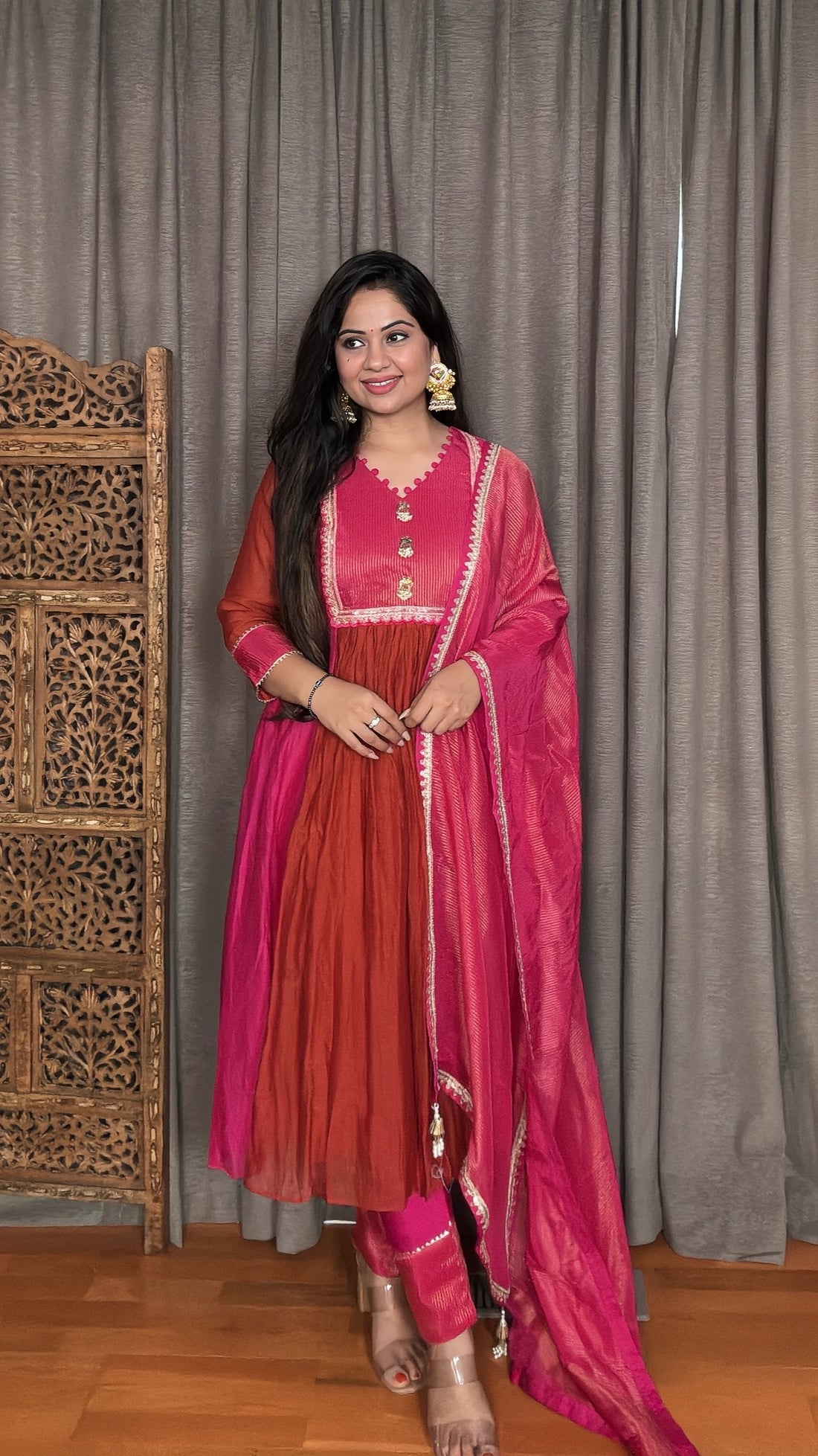 Pink Rust Mulmul Chanderi suit which