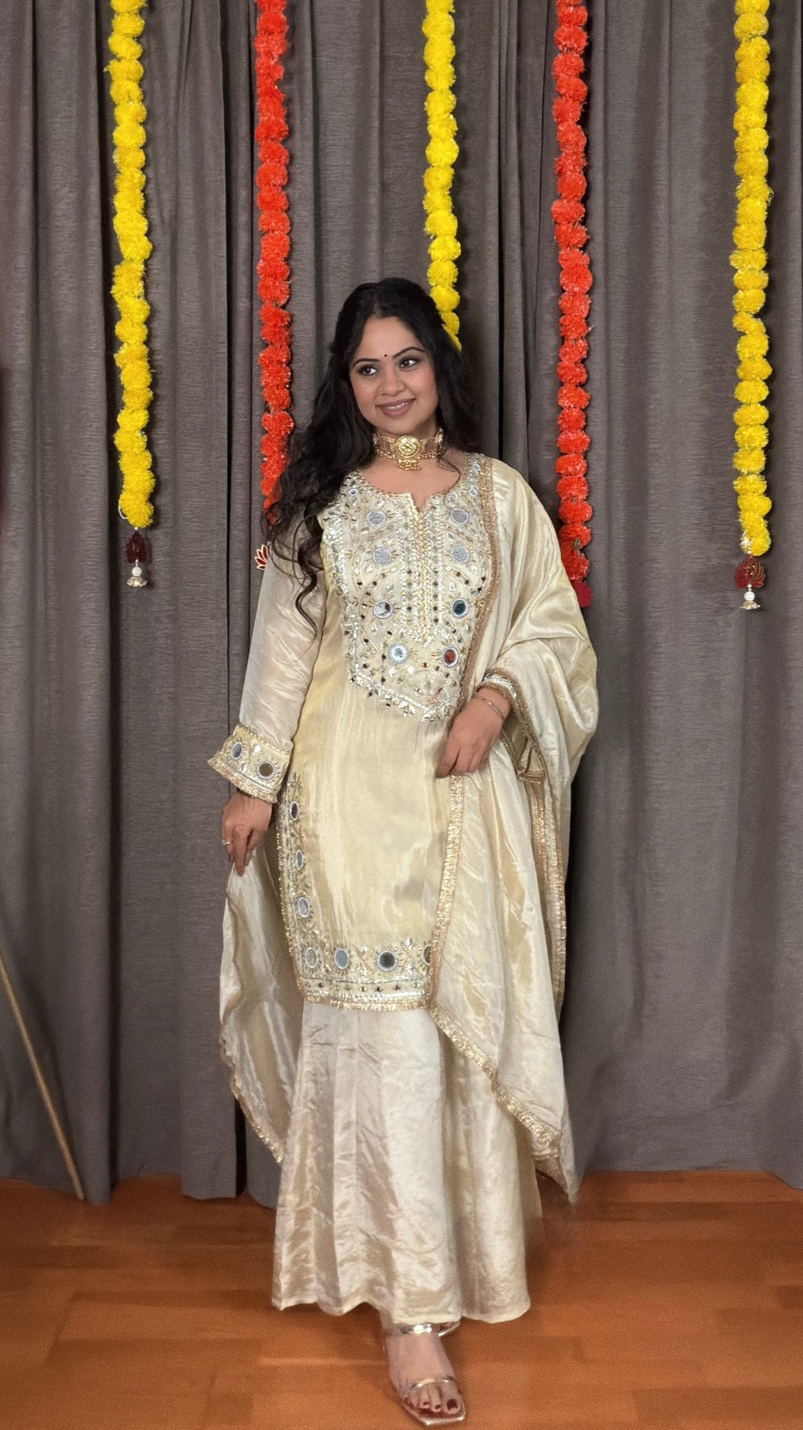 Aviya – Ivory Tissue Shimmer Palazzo Suit