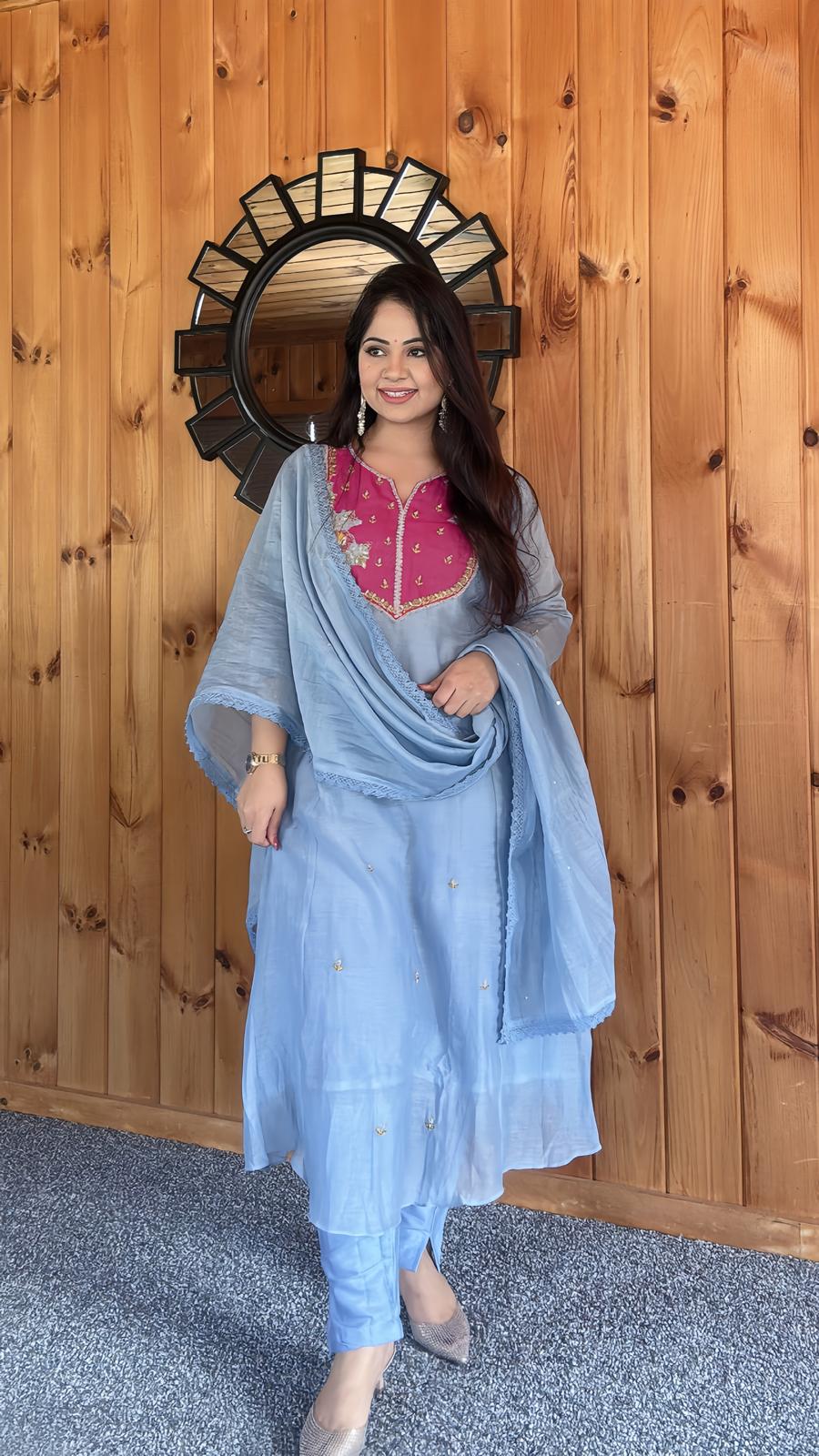 Mulmul Chanderi silk Anarkali suit for women – Indian ethnic wear in USA, available in multiple colors and sizes