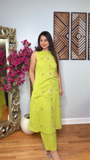 Lumeira – Lime Green Embroidered Sleeveless Cord Set