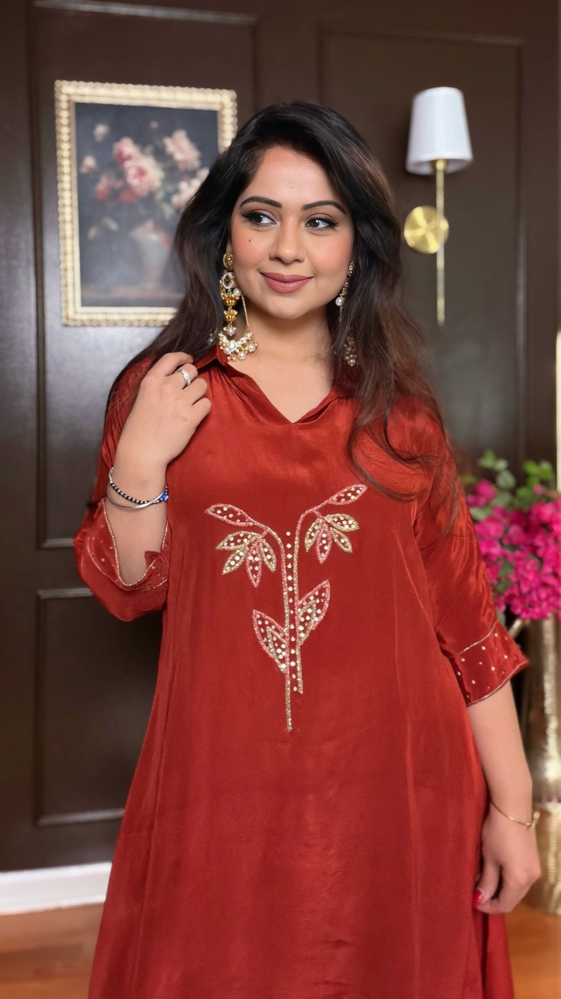 RIVANZA-Crepe Silk Embellished Kurta Pants Set