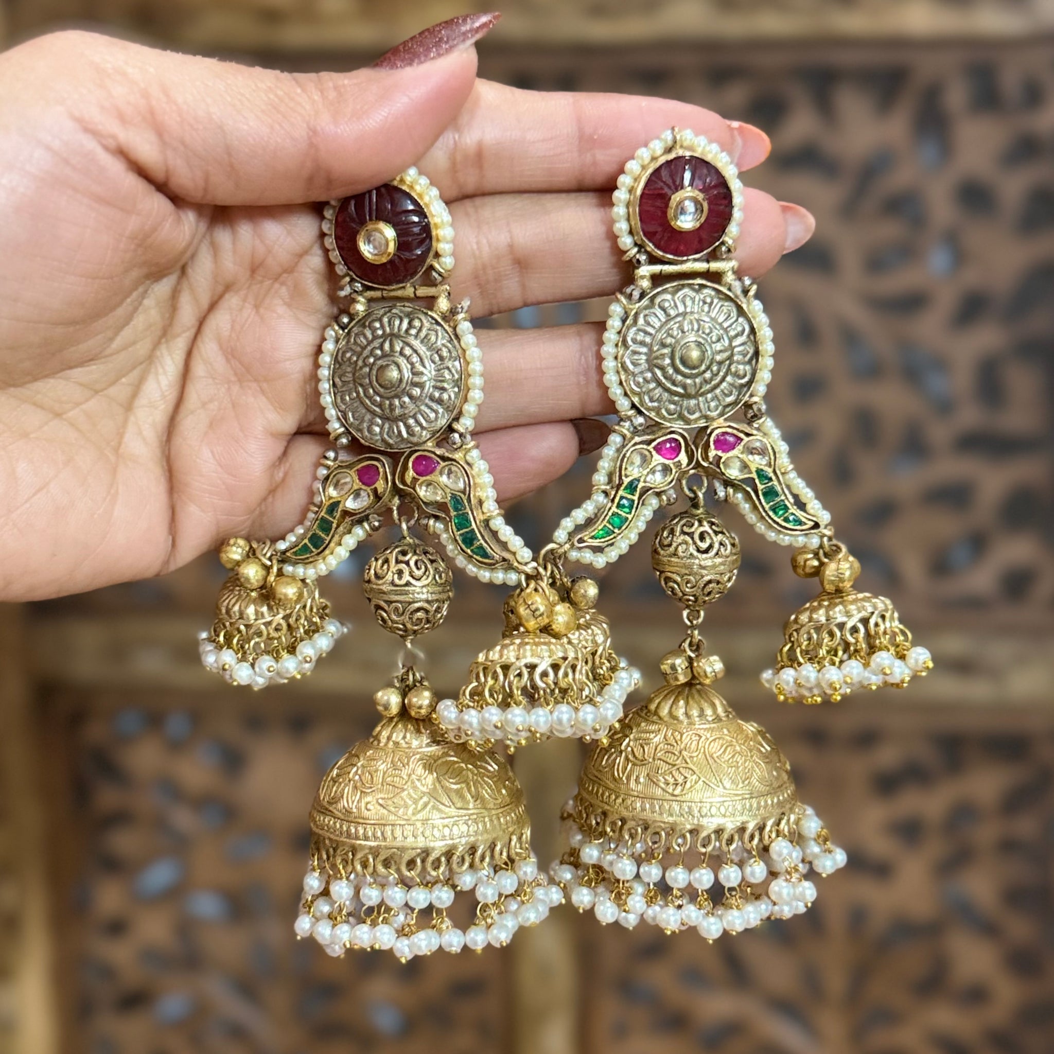 Rishika Temple Charm Brass Jhumka Earrings