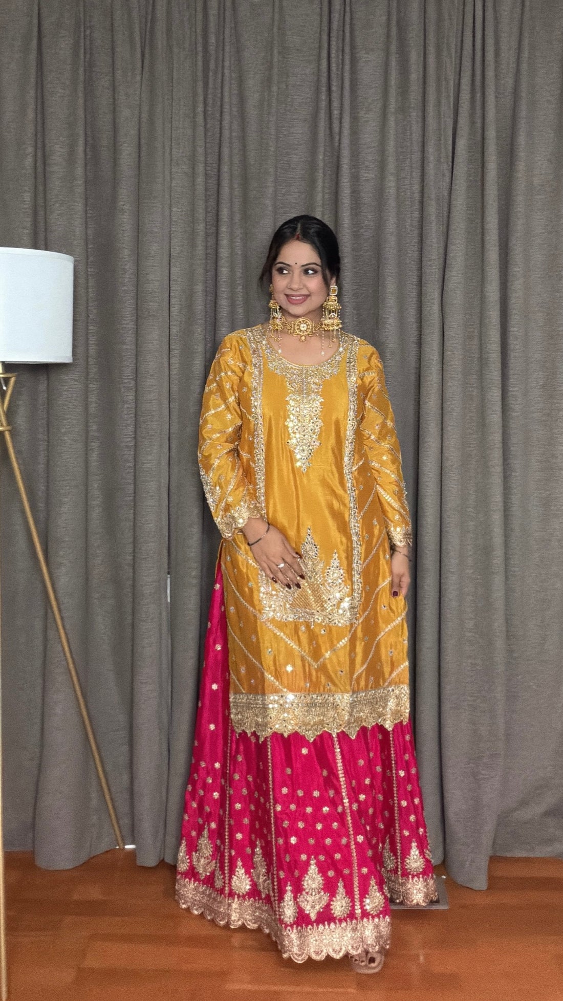 Suhana – Yellow & Pink Chinon Silk Mirror Embroidered Lehenga Suit