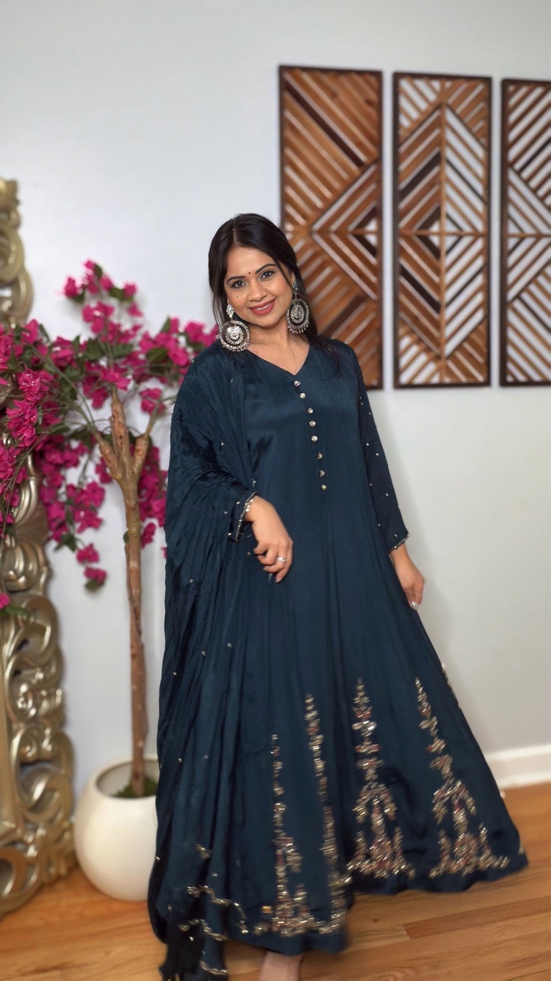 Zevyra Midnight Teal Chinon Silk Anarkali Set