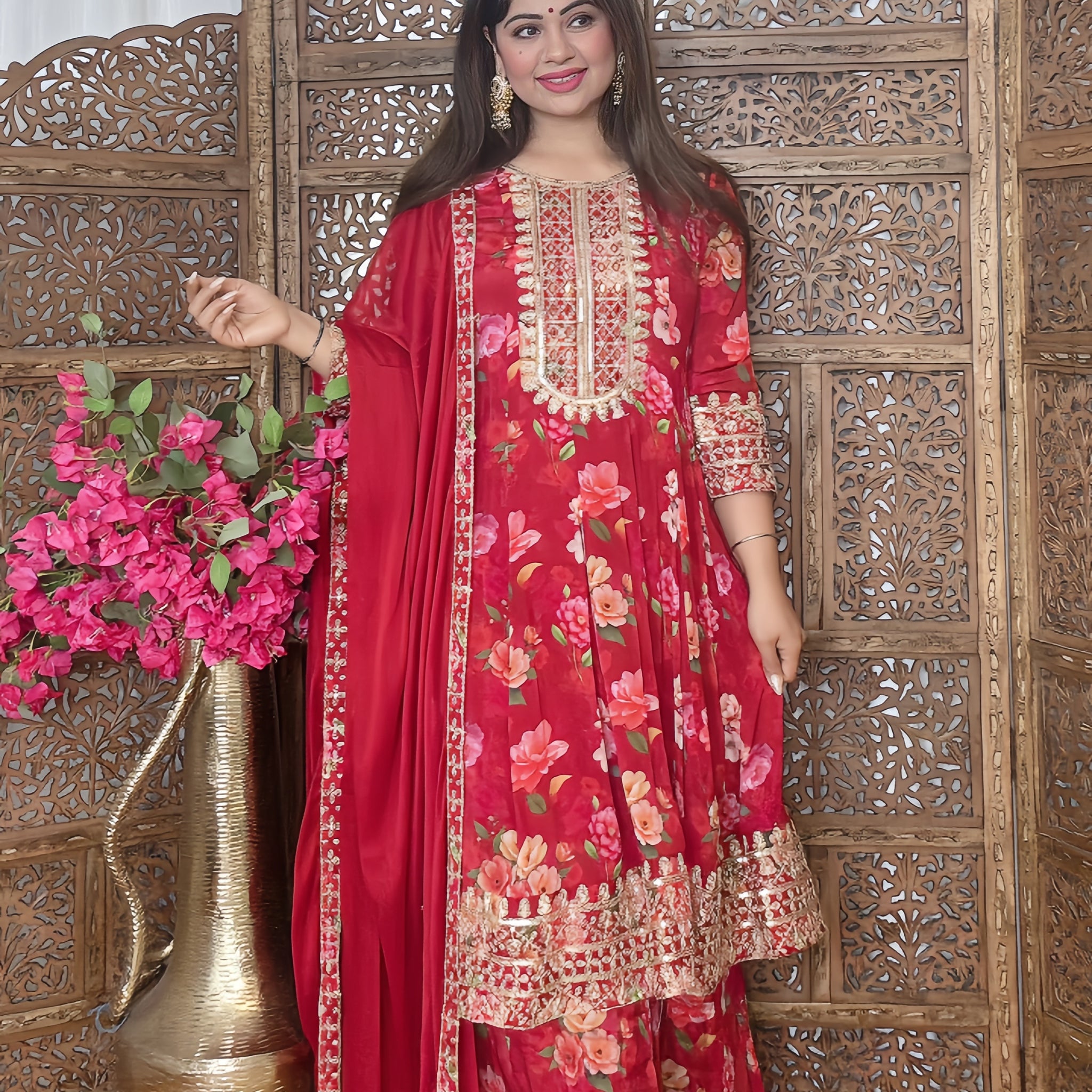 Scarlet Bloom Chinon Anarkali Set