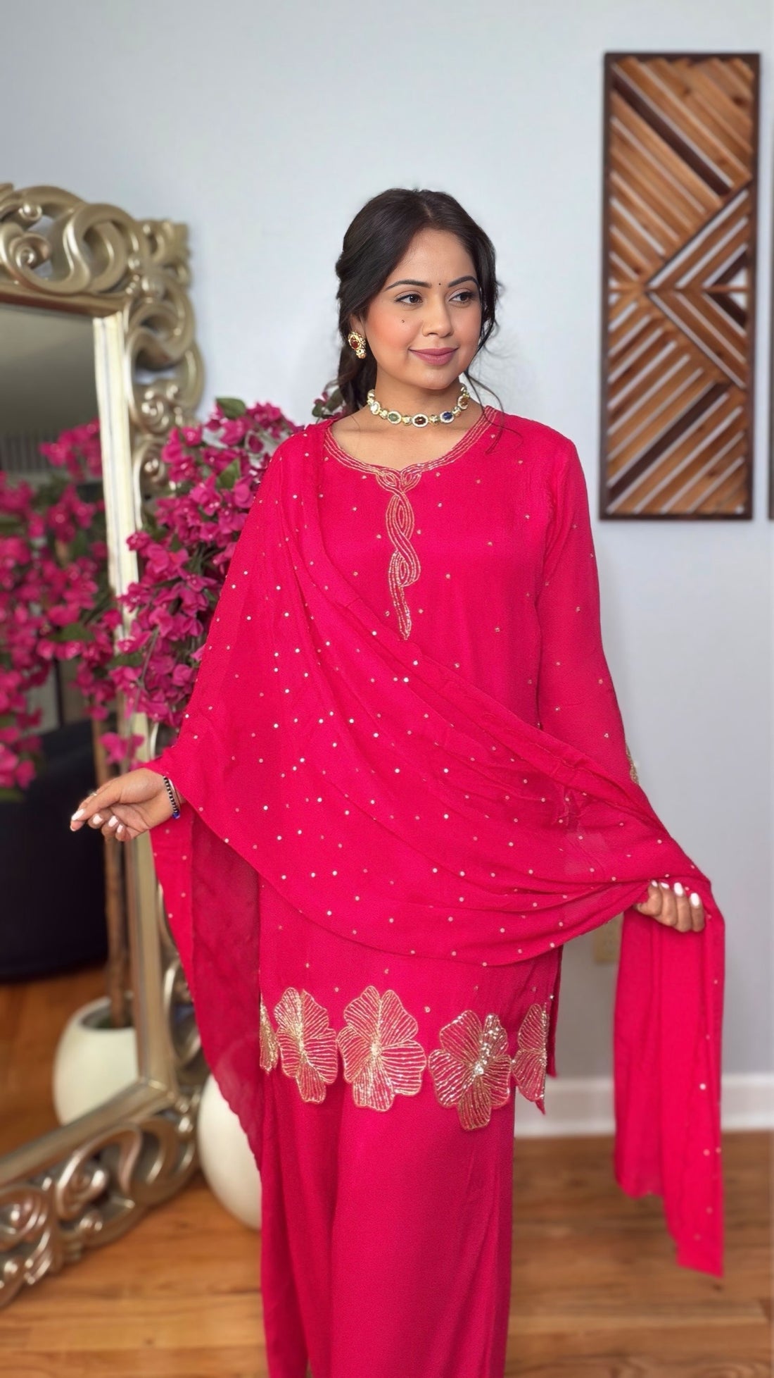 Guleena Chinon Silk Floral Handwork Suit