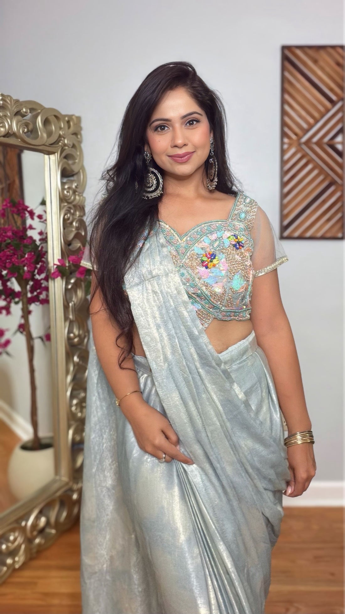 Saanjh Mint Grey Shimmer Drape Saree
