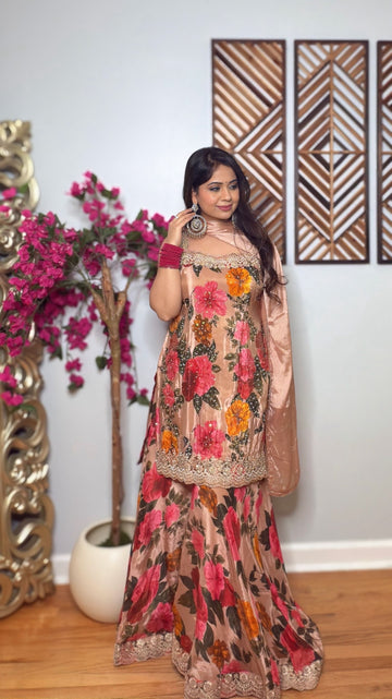 Roselle Bloom – Crepe Silk Floral Sharara Set