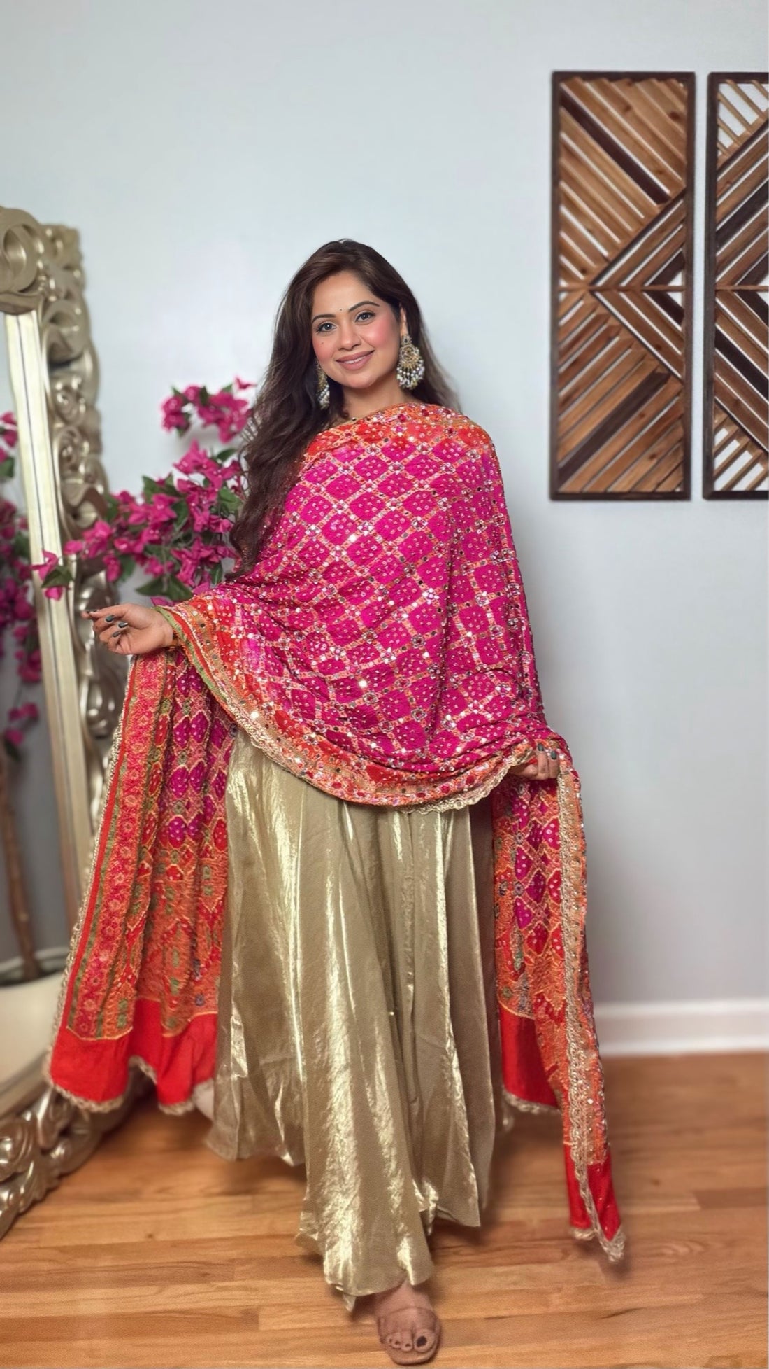 Rangketu Gharchola Mirror Work Dupatta – Rani Pink & Orange