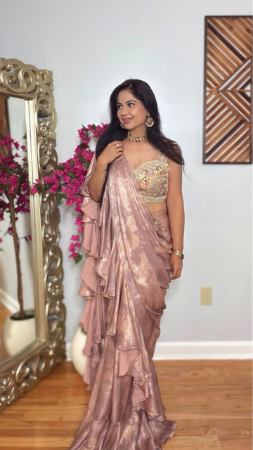 Nivah – Rose Shimmer Ruffle Drape Saree