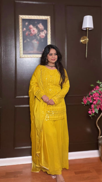 Reeva – Georgette Yellow Sharara Suit