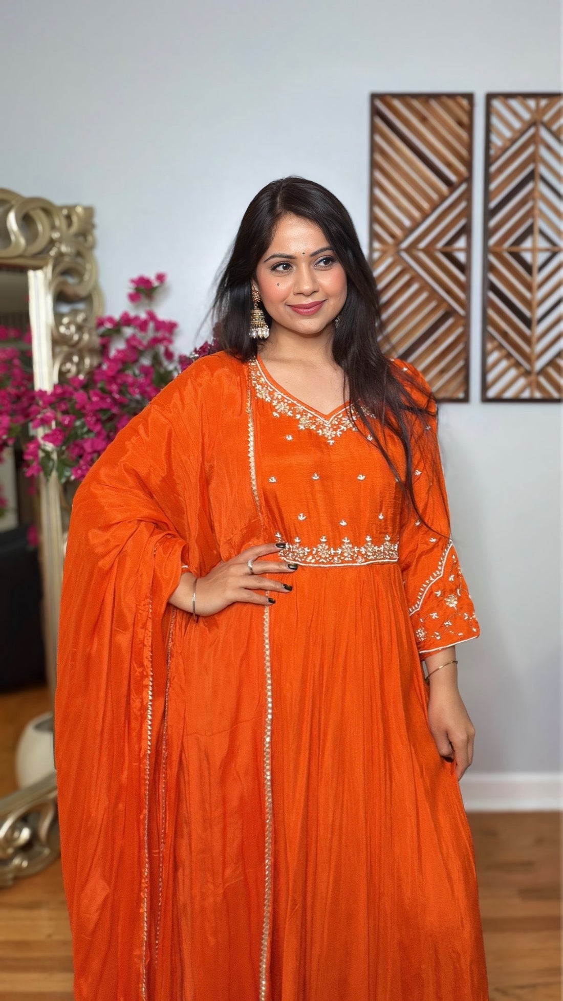 Rehveen – Orange Dola Silk Anarkali Set