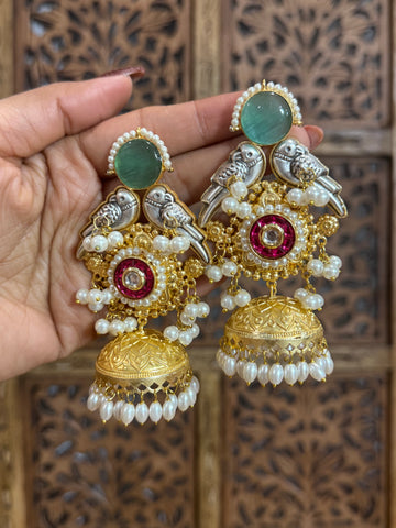 Vaanya Dual Tone Parrot Brass Jhumka Earrings