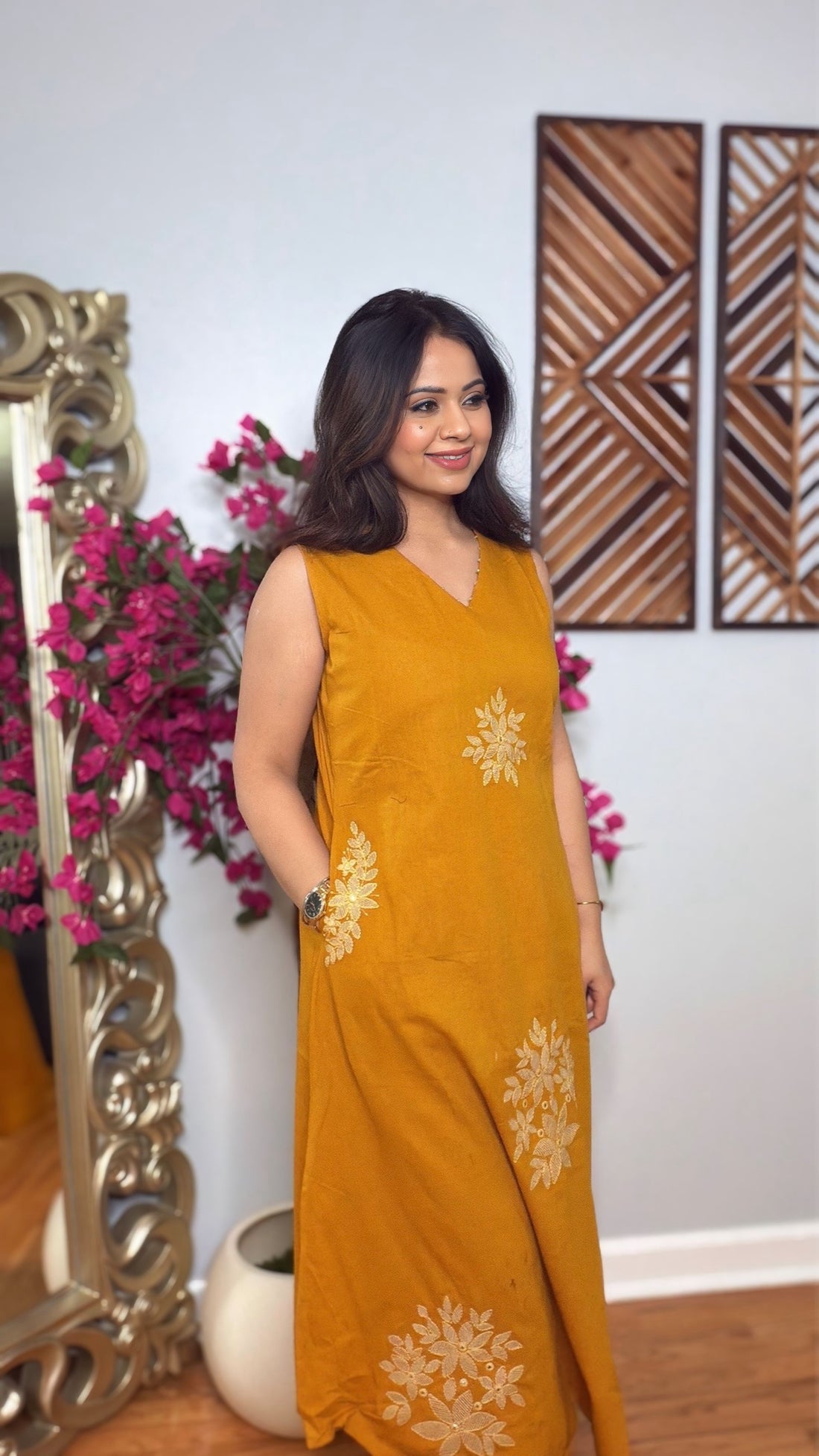 Veyara- Mustard Embroidered Linen Kurta Pant Set