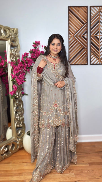 Zayra Ash Gold Sharara Set