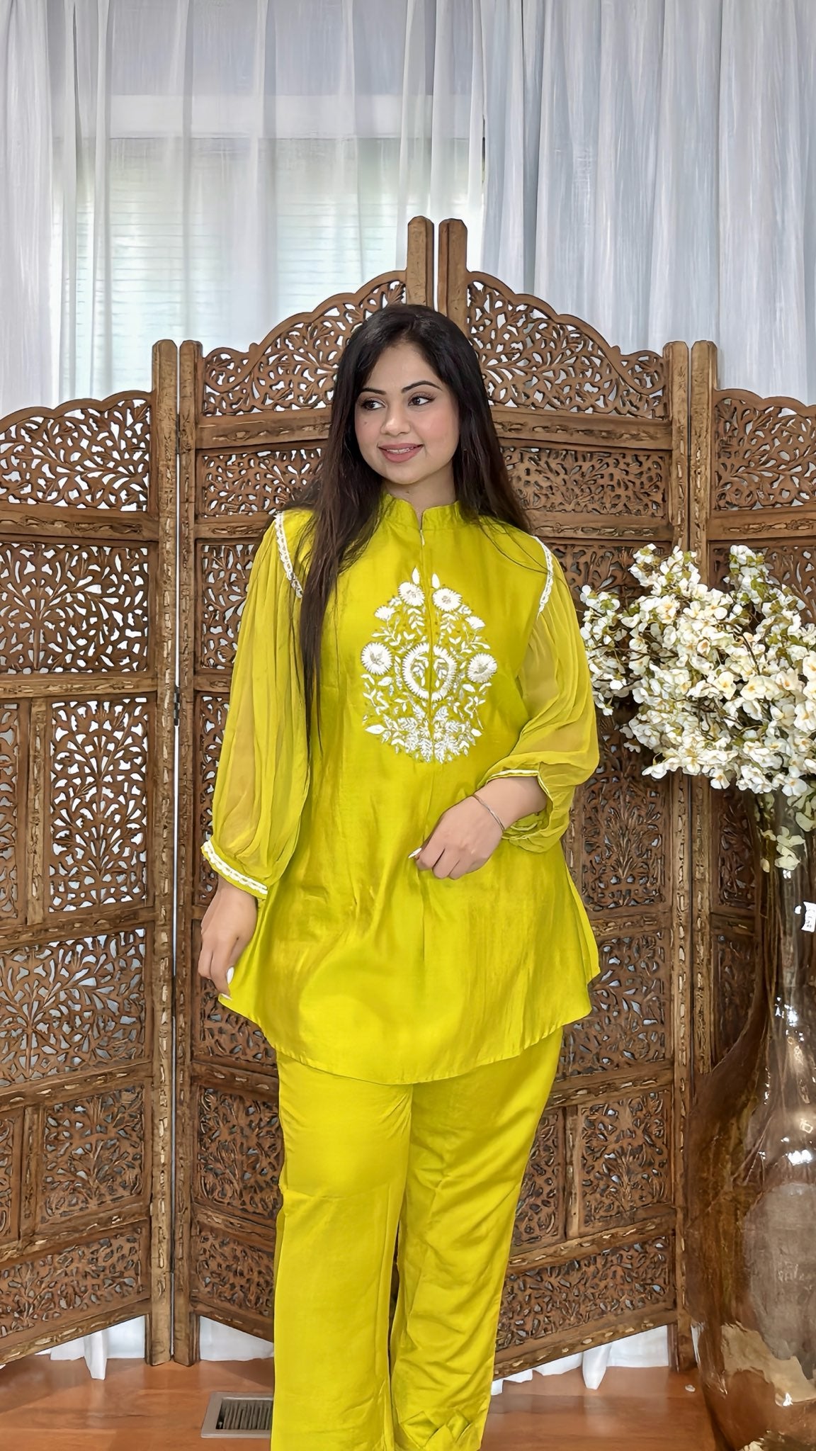 Women's linen-cotton co-ord set in vibrant green – size 40