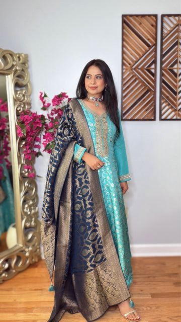 Mehera Blue Banarasi Anarkali Suit