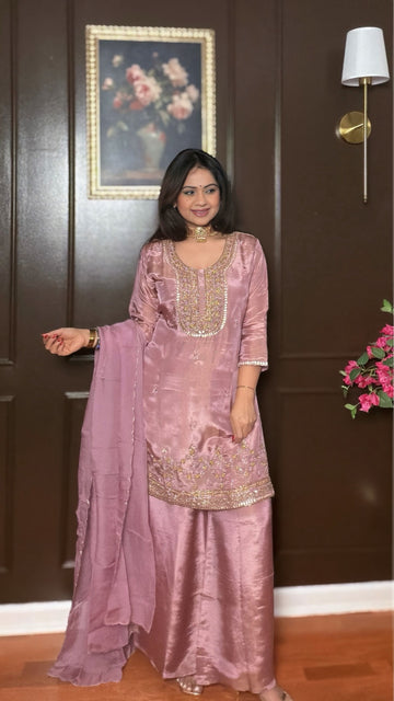 AYNARA-Tissue Shimmer Embroidered Sharara Suit