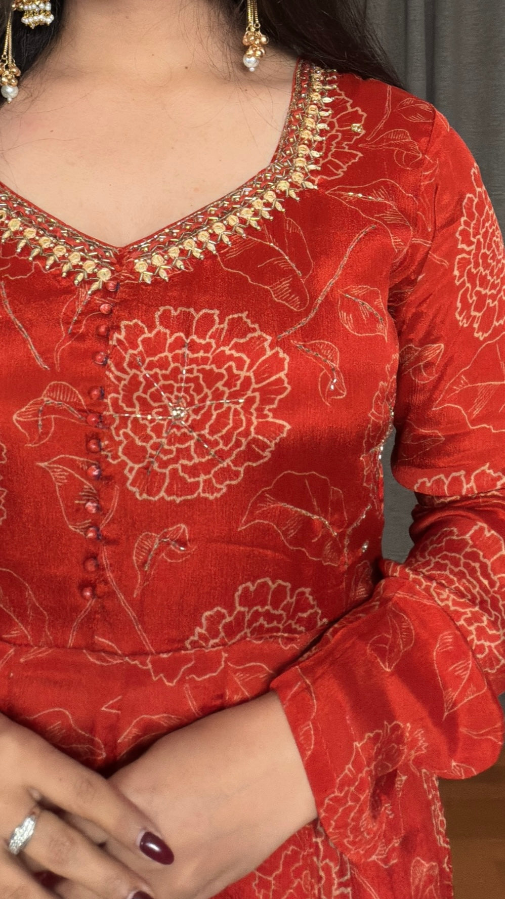 Chand – Rust Orange Chinon Silk Printed Anarkali Set