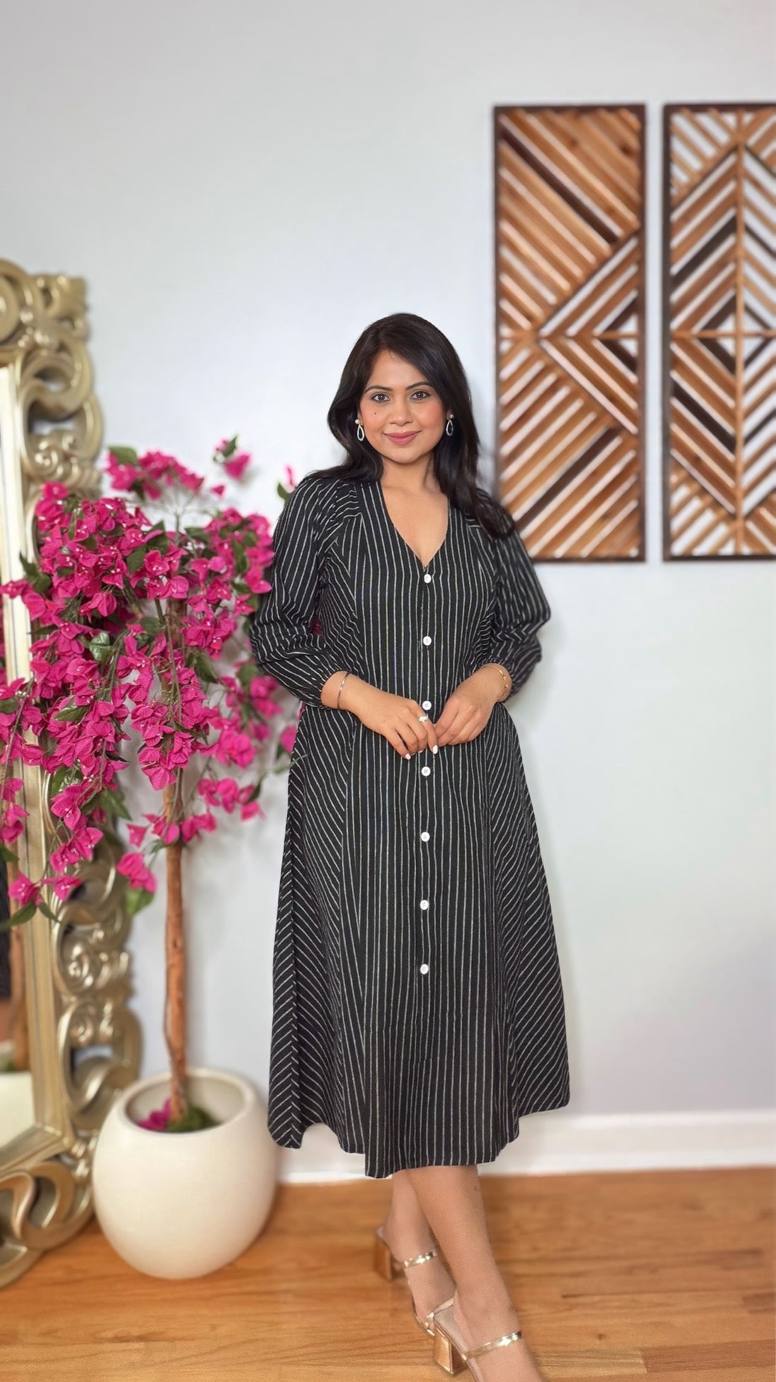 Solvra Cotton Striped Midi Dress