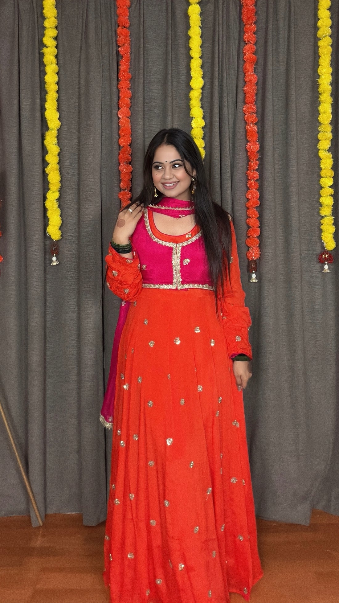 Amaira – Orange & Pink Chinon Silk Gown Set