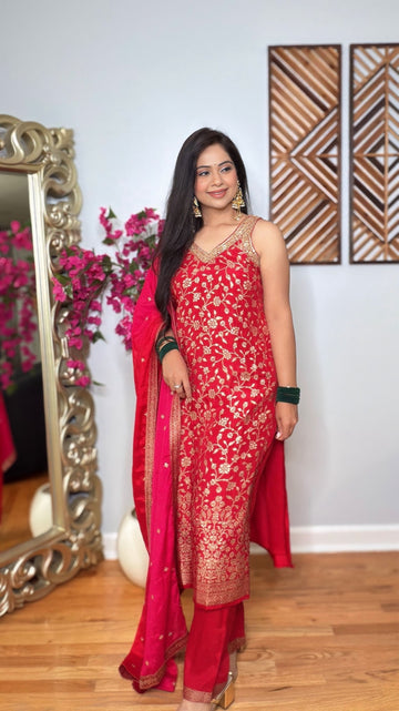 Ruhani Red Banarasi Woven Suit