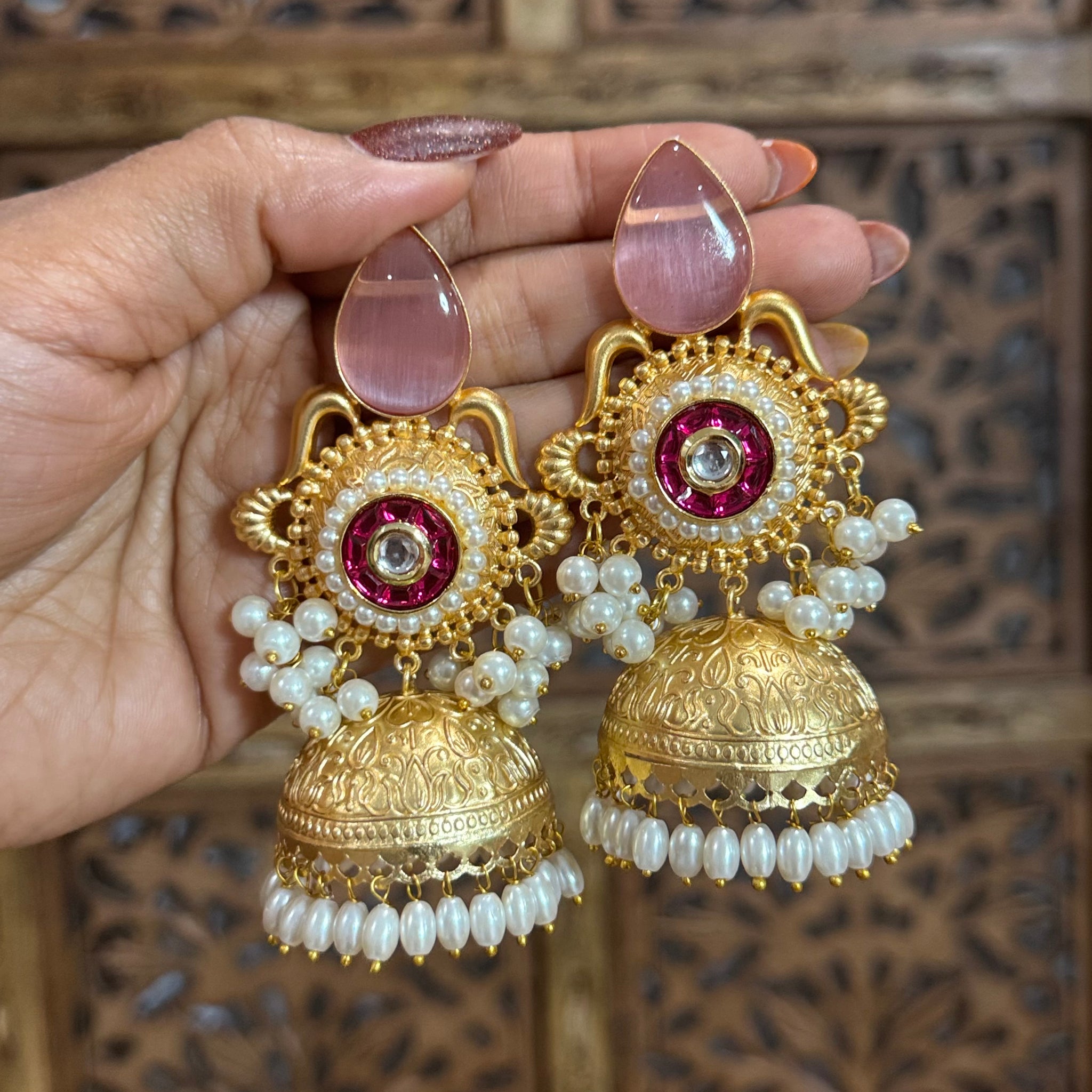 Aaral Pink Glow Brass Jhumka Earrings