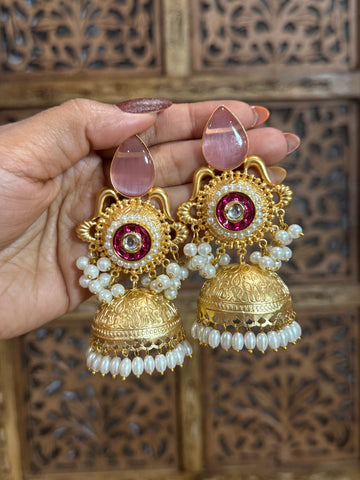 Aaral Pink Glow Brass Jhumka Earrings