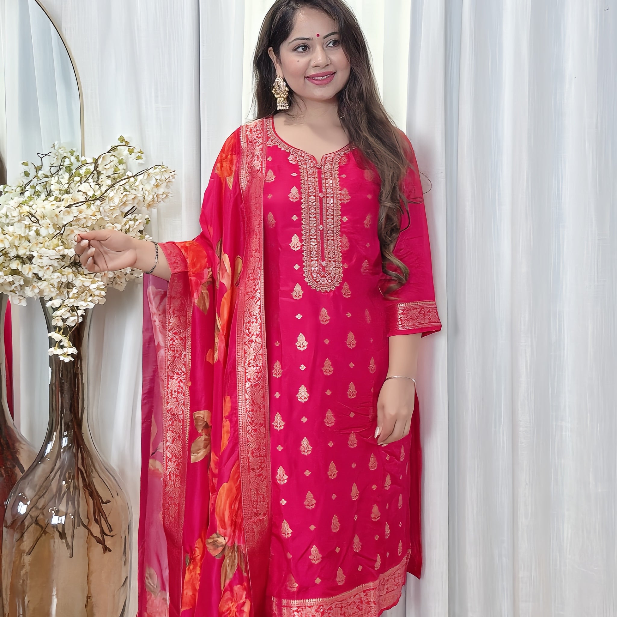 Pink Dola Silk Zari Woven Suit with Brocade Pants
