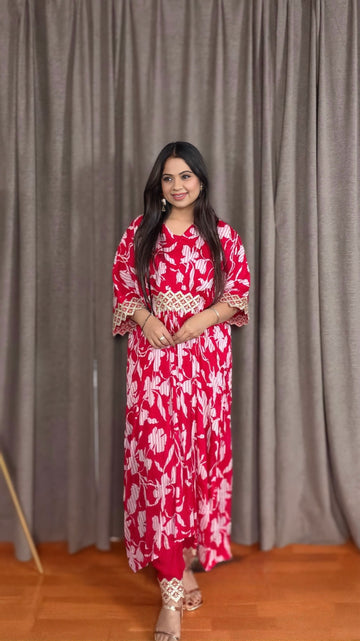 Zaiya – Red Chinon Silk Kaftan Set