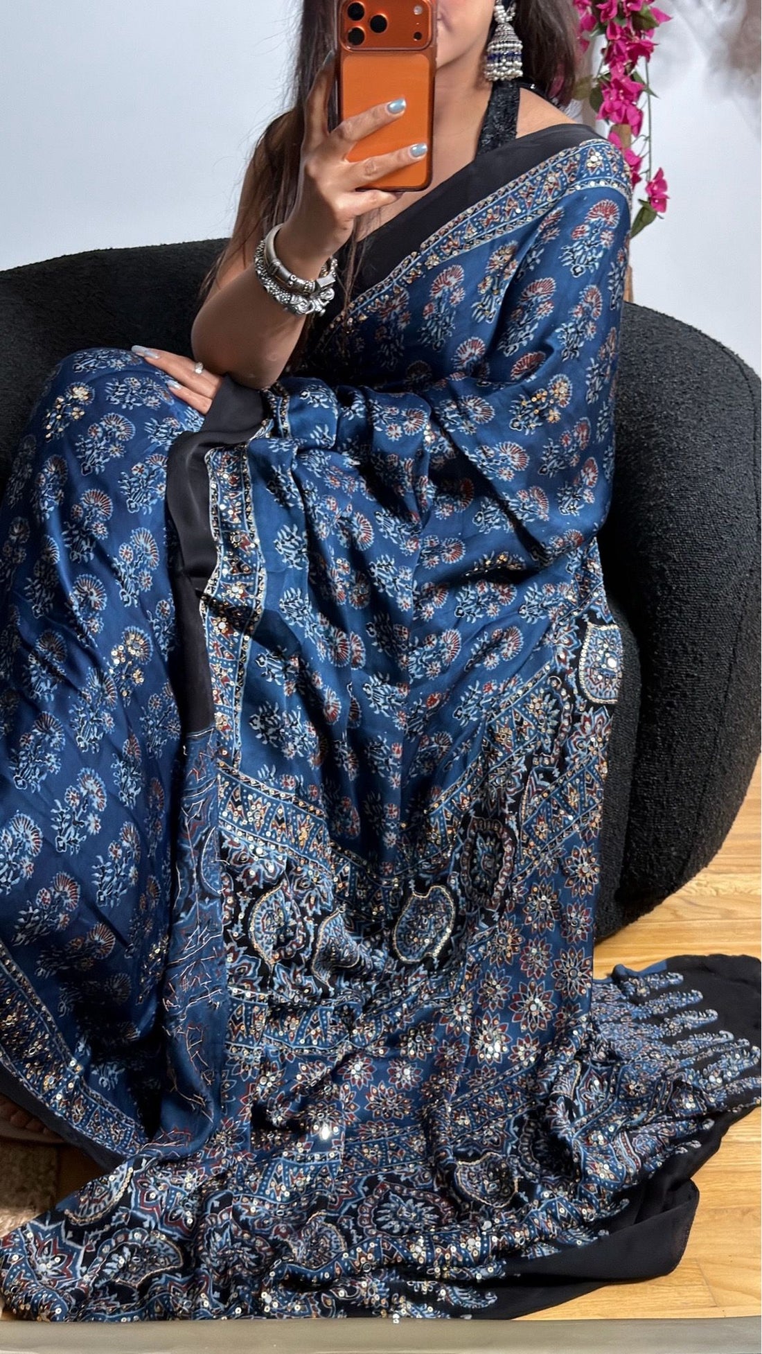 Meherza Ajrak Handwork Saree