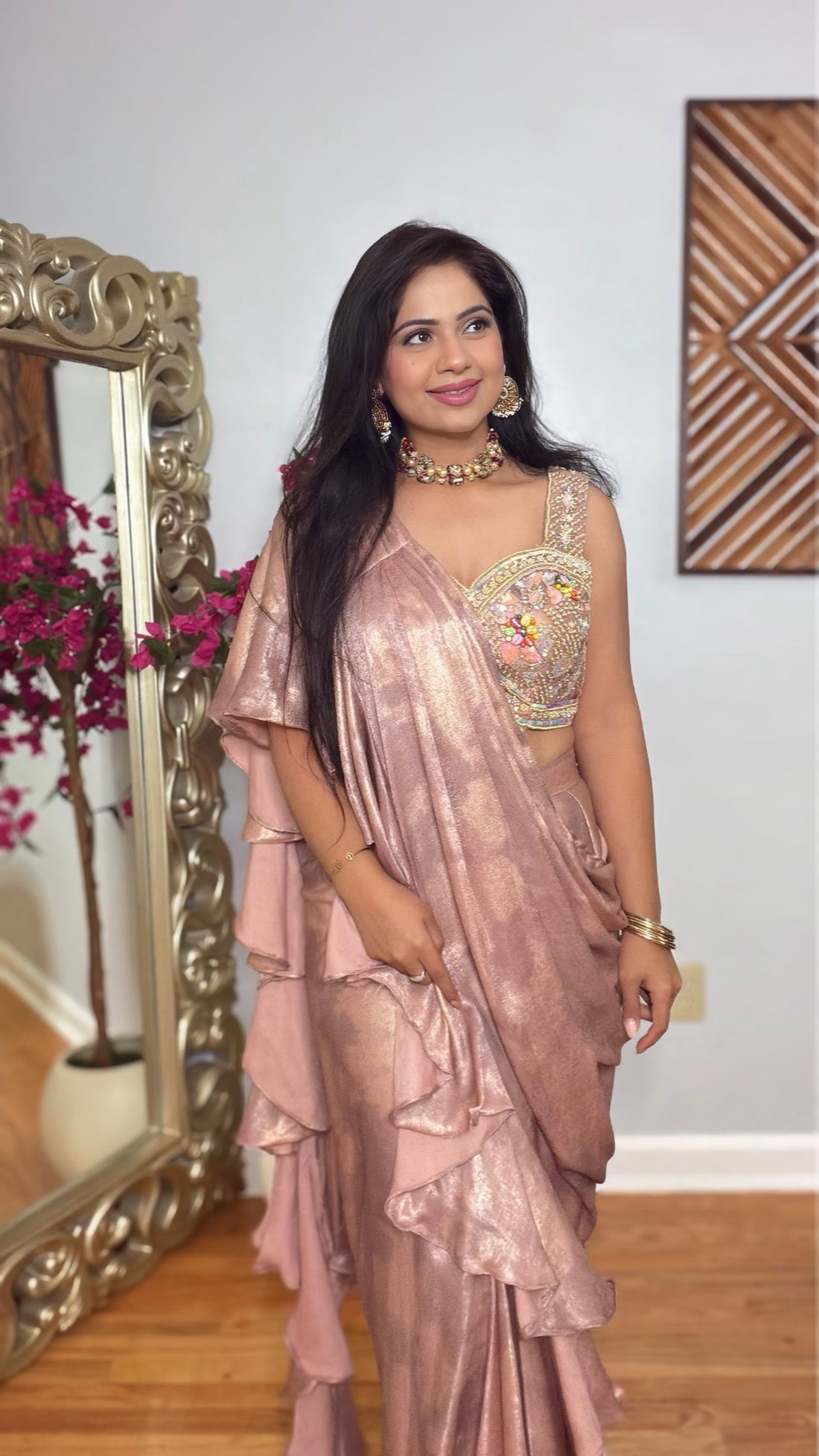 Nivah – Rose Shimmer Ruffle Drape Saree