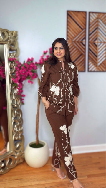 Elara – Brown Cotton Appliqué Co-ord Set