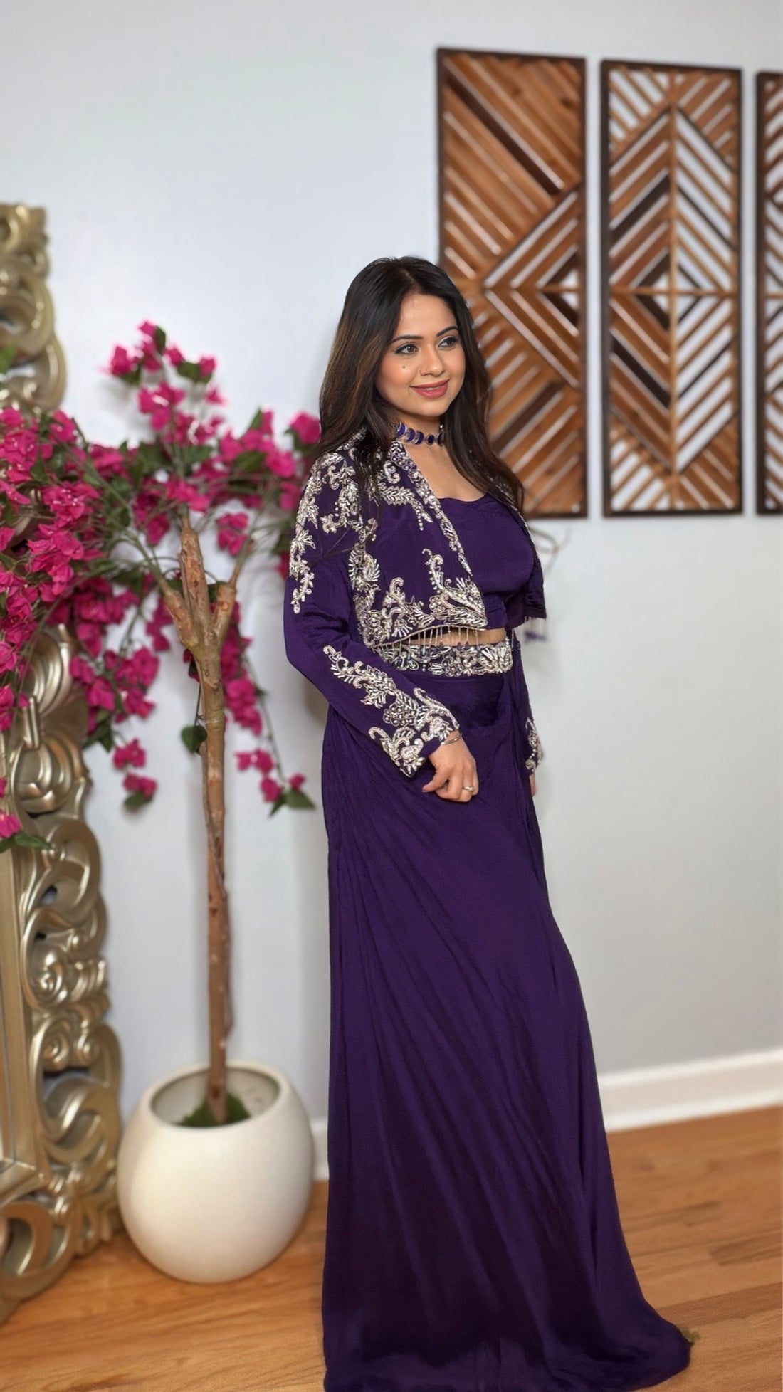 Vireya – Royal Purple Chinon Silk Indo-Western Drape Set