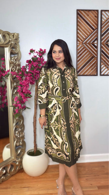 Elvara Belted Print Midi Dress