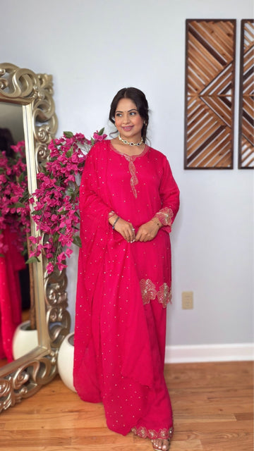 Guleena Chinon Silk Floral Handwork Suit