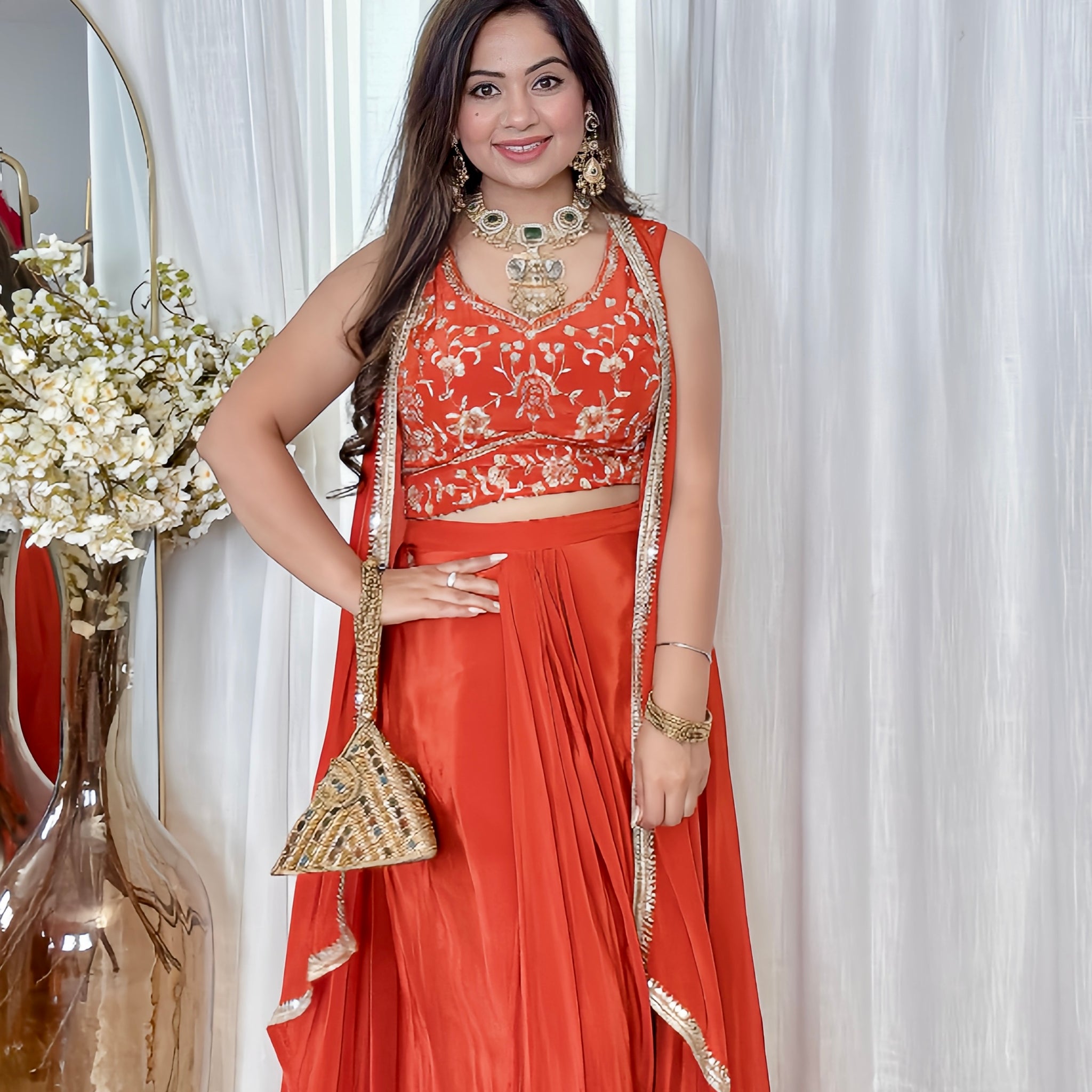 Rust Indo Fusion Draped Skirt & Crop Top Set