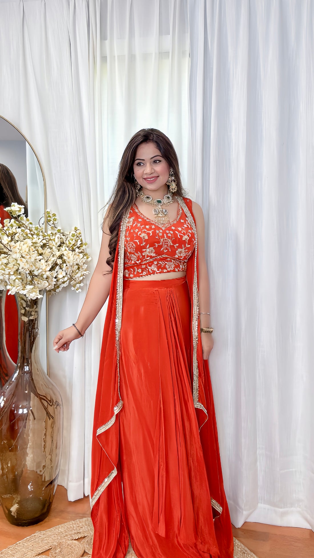 Rust Indo Fusion Draped Skirt & Crop Top Set