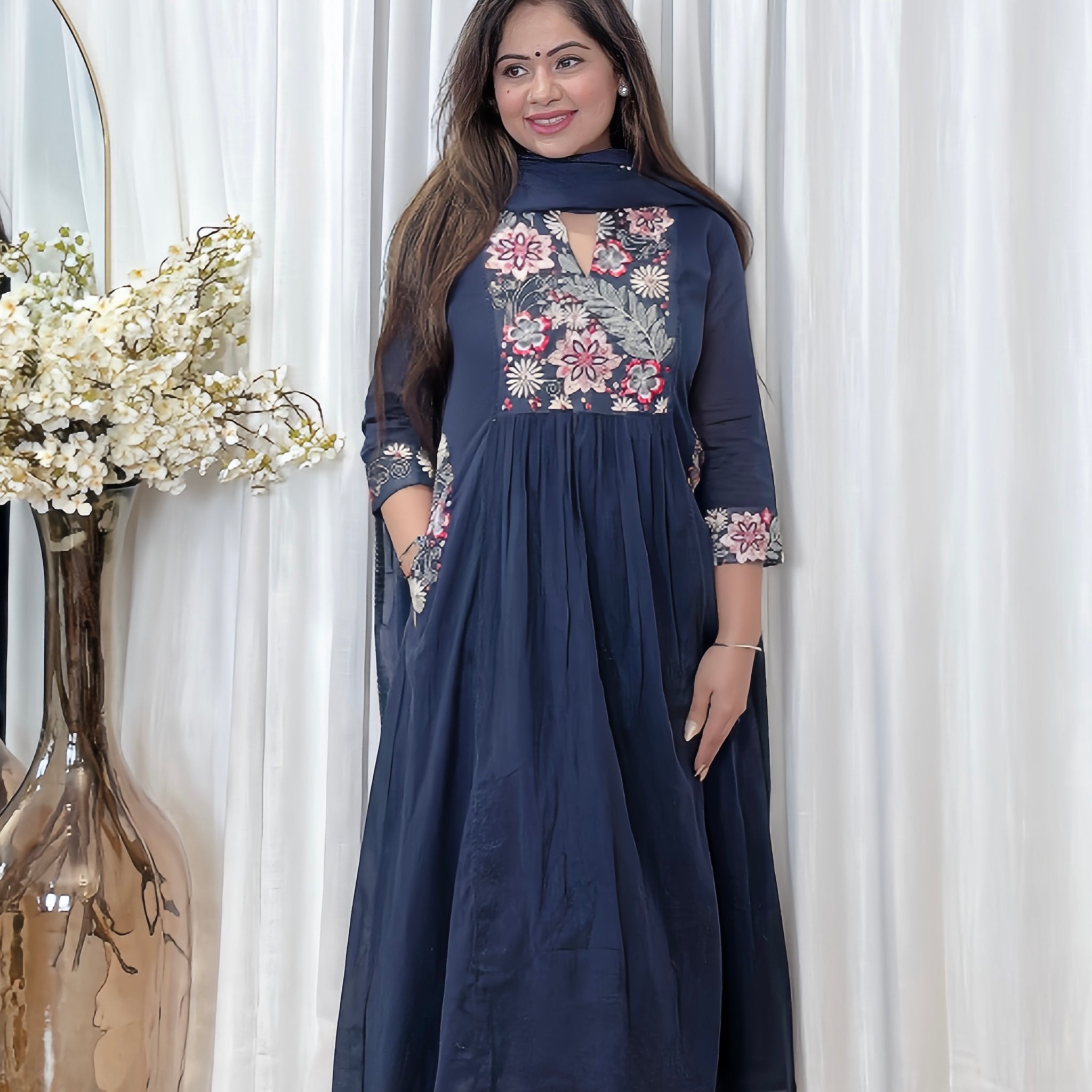 Sapphire Grace- Mulmul Cotton Anarkali Set