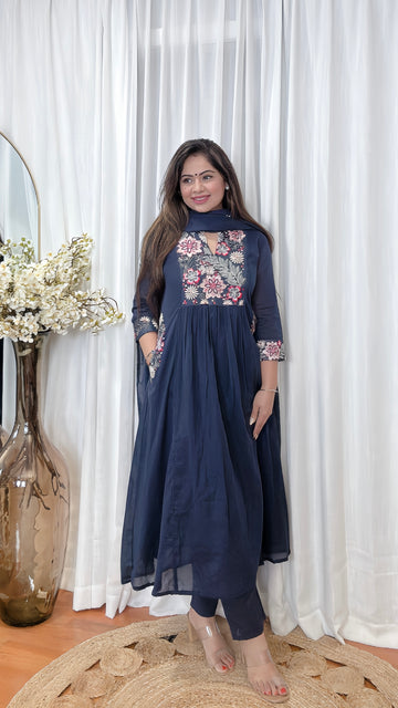 Sapphire Grace- Mulmul Cotton Anarkali Set