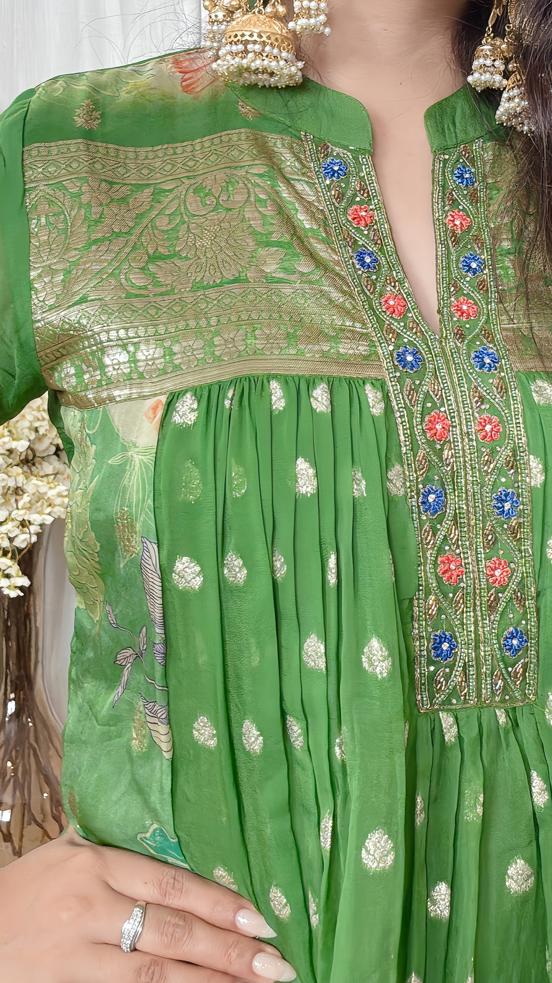 Mehka – Bright Green Floral Organza Anarkali