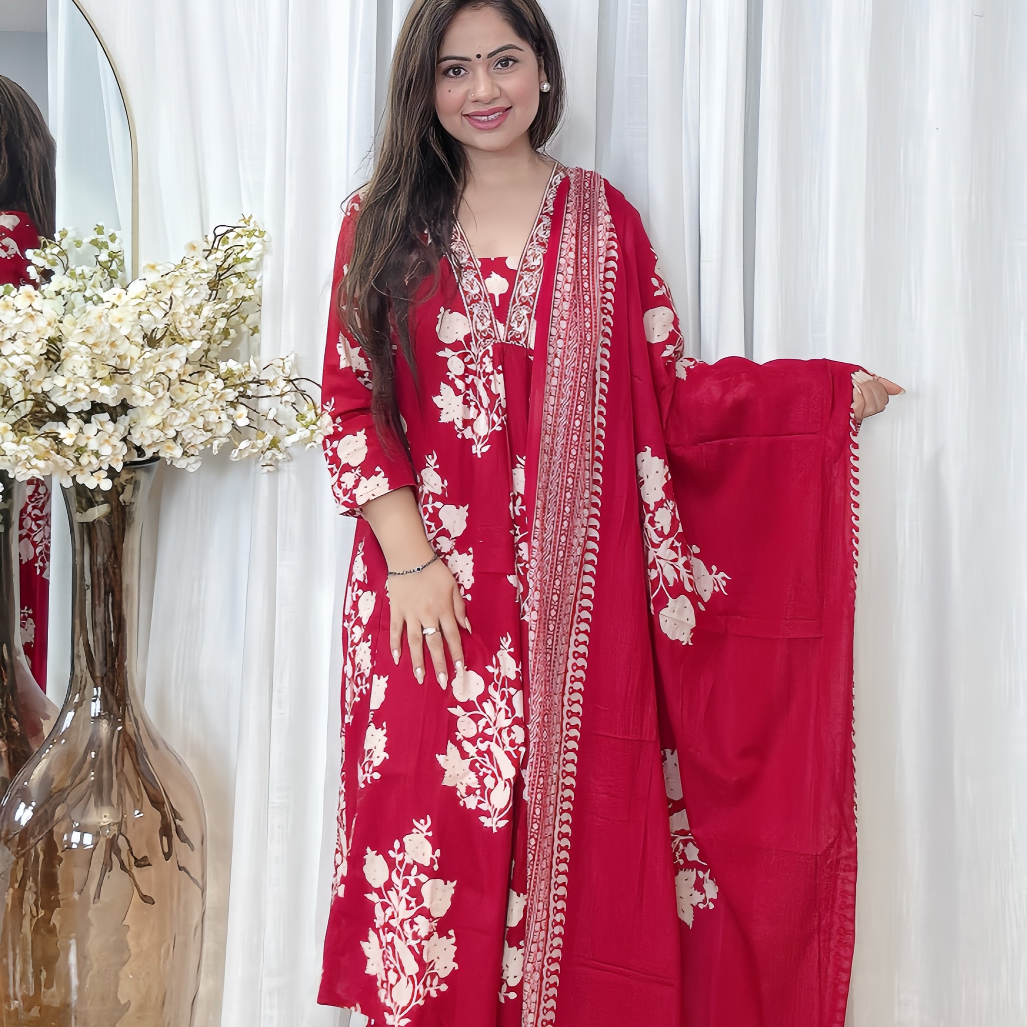 Crimson Grace – Cotton Printed Anarkali Set