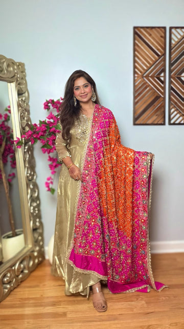 Kesarika Gharchola Mirror Work Dupatta – Orange & Rani Pink