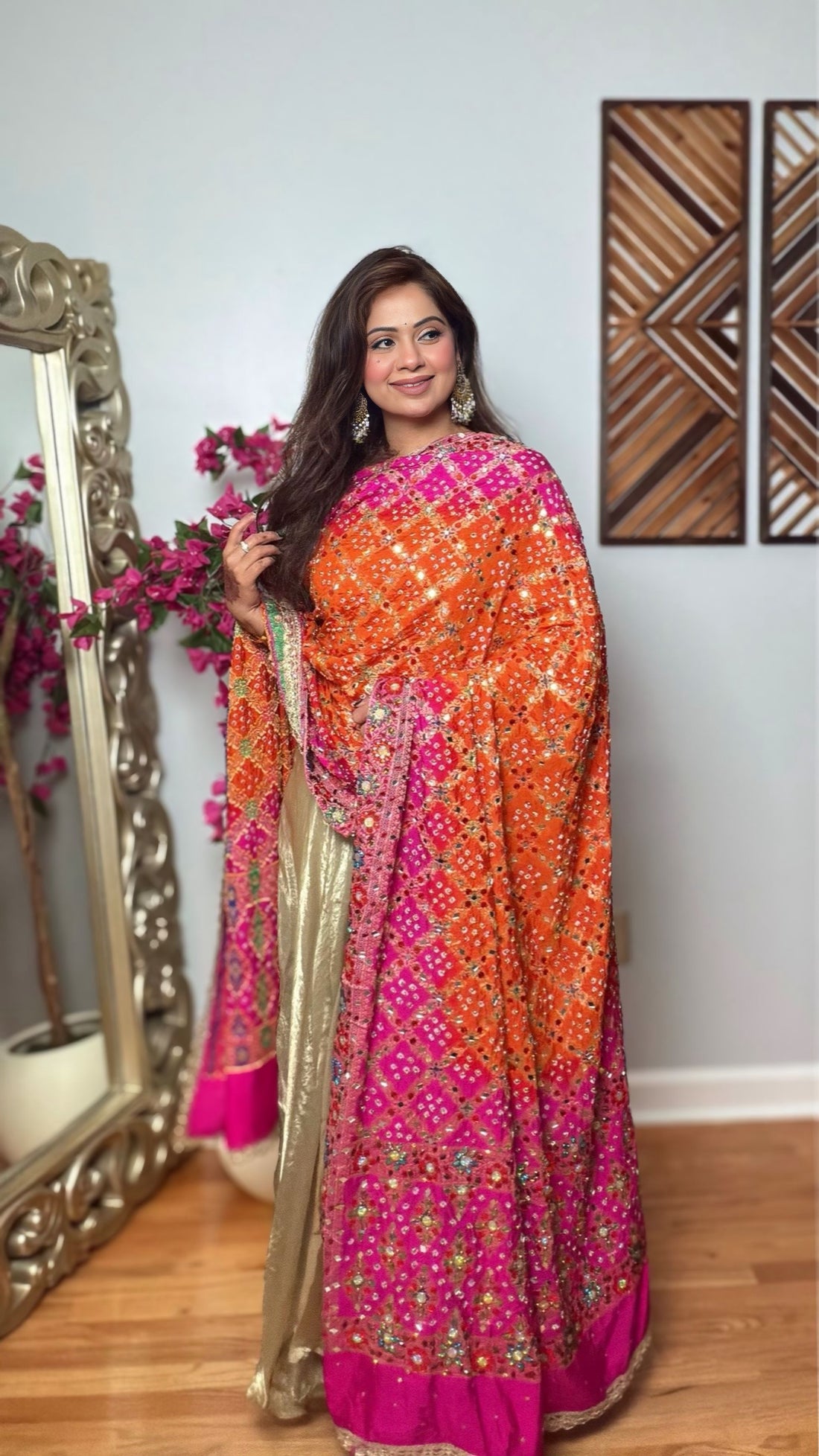 Kesarika Gharchola Mirror Work Dupatta – Orange & Rani Pink