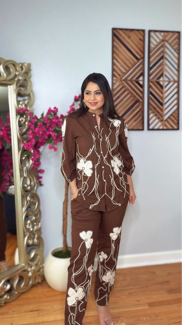 Elara – Brown Cotton Appliqué Co-ord Set