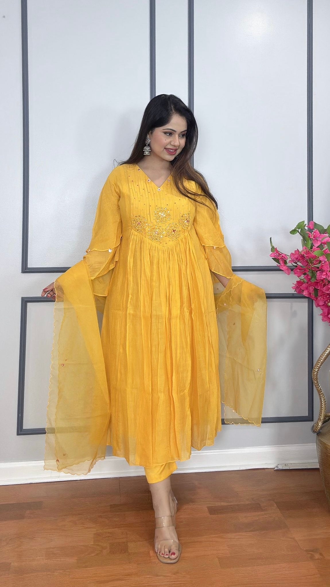 Elegant Mulmul Chanderi Silk A-line Suit