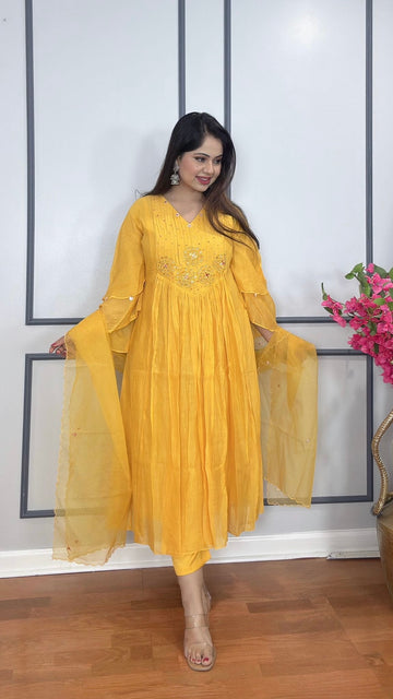 Elegant Mulmul Chanderi Silk A-line Suit